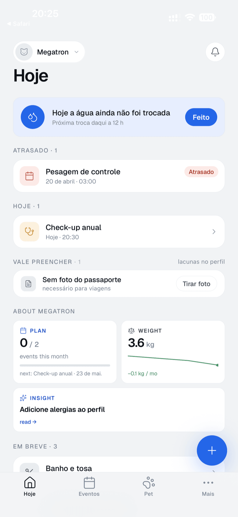 Tela «Hoje» do aplicativo Platera