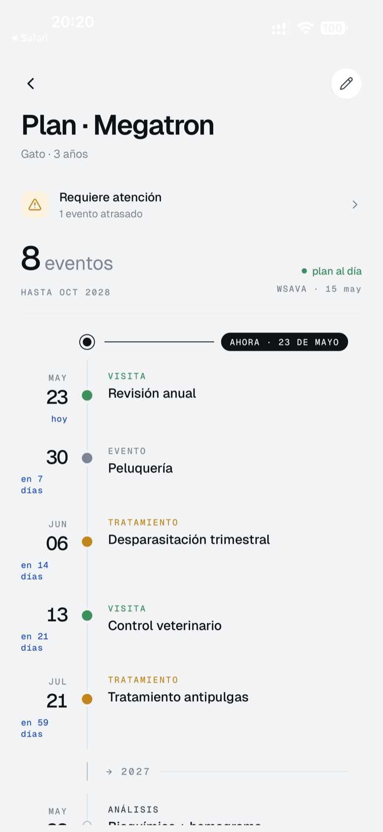 Pantalla del plan de salud de la aplicación Platera