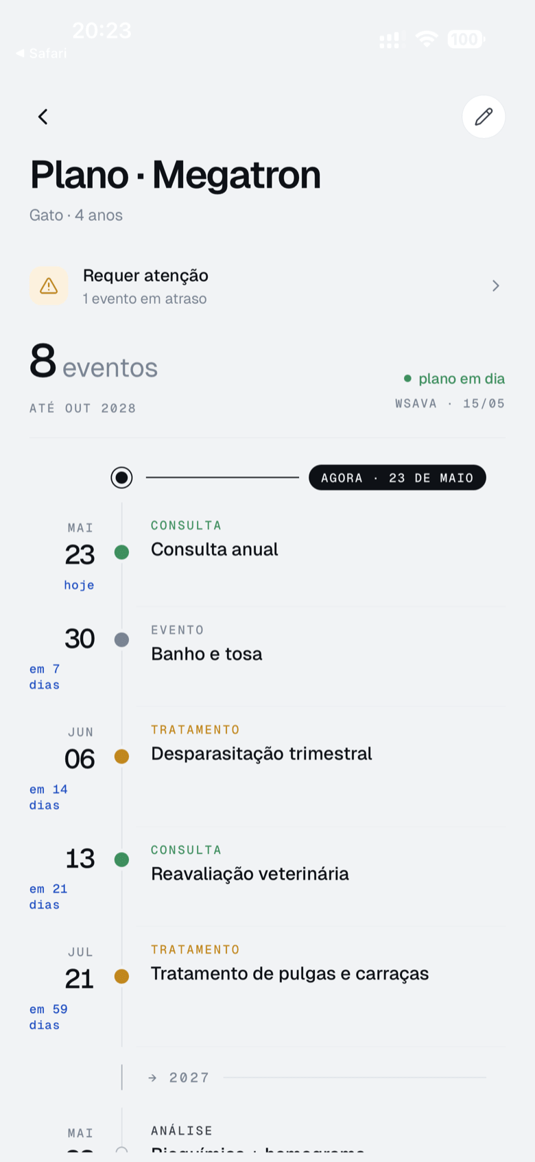 Ecrã do plano de saúde da aplicação Platera
