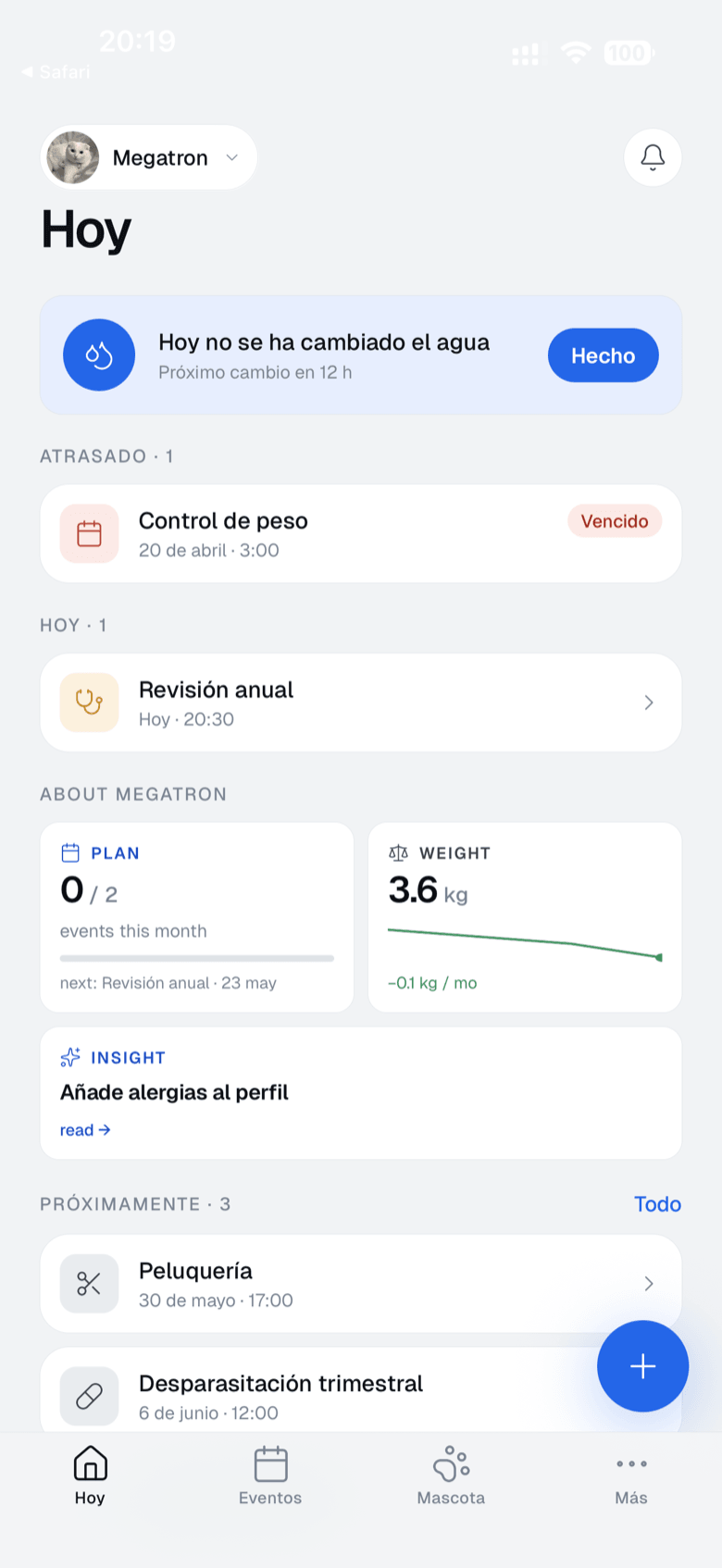 Pantalla «Hoy» de la aplicación Platera