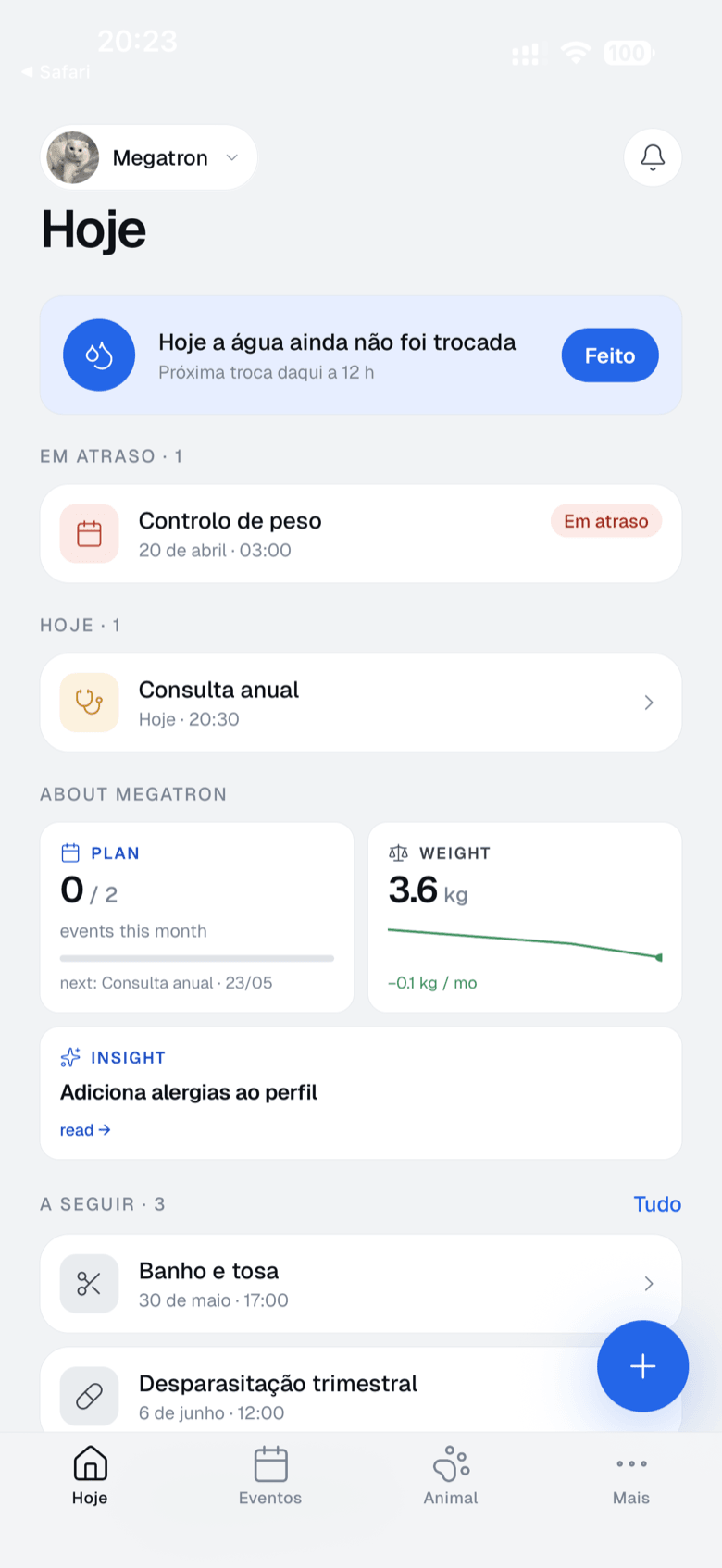 Ecrã «Hoje» da aplicação Platera